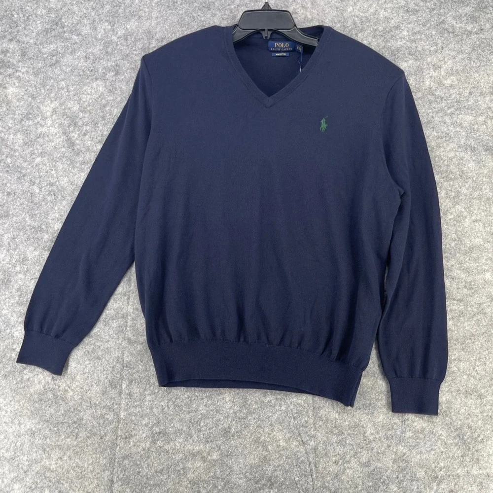 Polo Ralph Lauren V-Neck Sweater Men Large Blue Pima Cotton Pony Logo Preppy